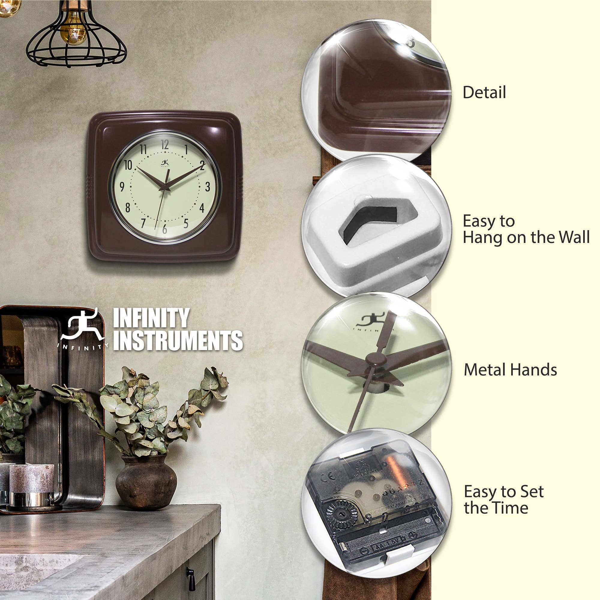 Retro Square Mahogany Indoor Wall Clock 9.25 Inch: Mahogany / 9.25 Inch