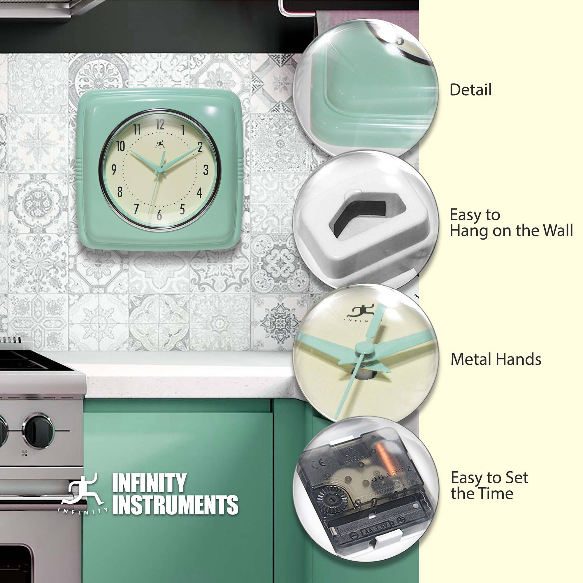 Retro Square Pastel Green Indoor Wall Clock 9.25 Inch: Pastel Green / 9.25 Inch