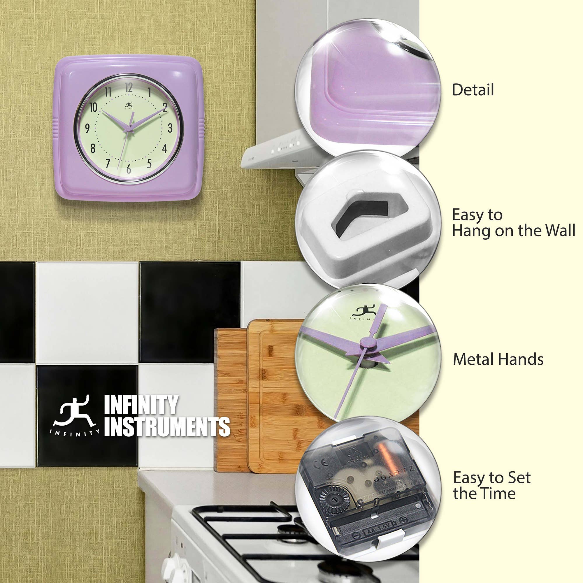 Retro Square Lavender Indoor Wall Clock 9.25 Inch: Lavender