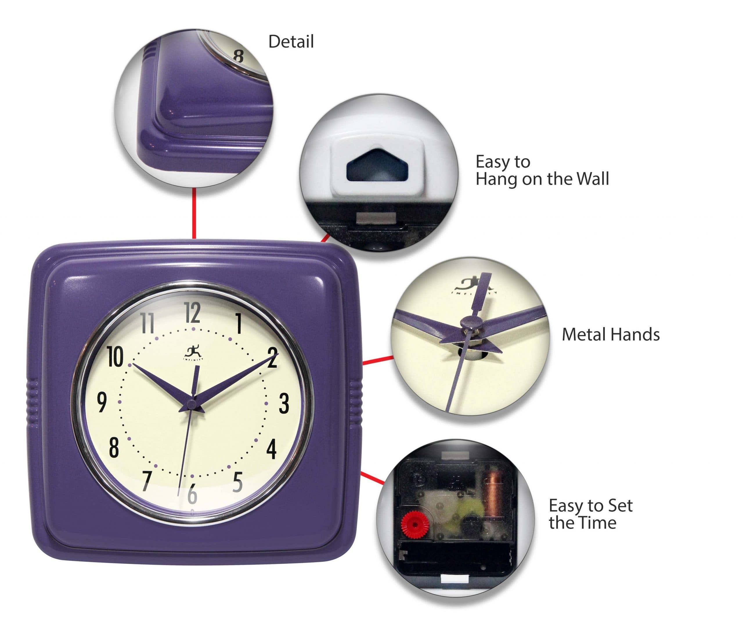 Retro Square Purple Indoor Wall Clock 9.25 Inch