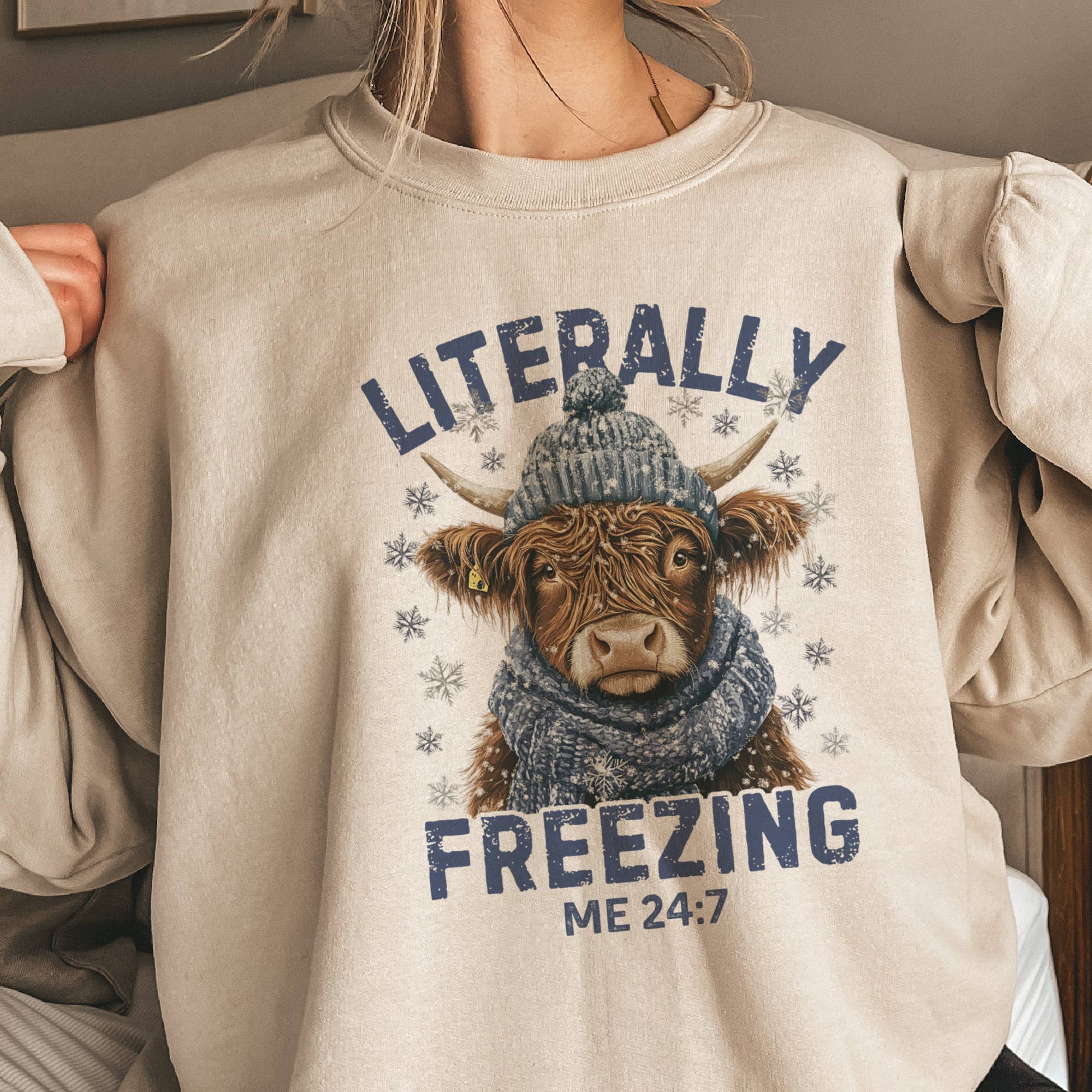 Literally Freezing Cow Winter Bull Graphic Sweatshirt: Sand / XXlarge