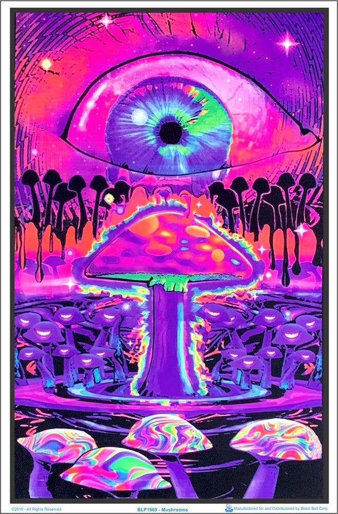 Mushrooms Black Light Poster - 23" X 35": Shrinkwrapped on Cardboard