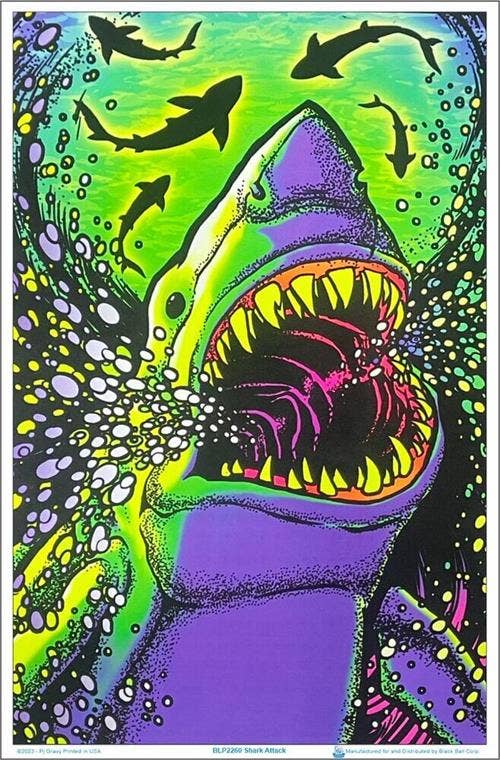 Shark Attack Blacklight Poster - 23" x 35": Shrinkwrapped on Cardboard