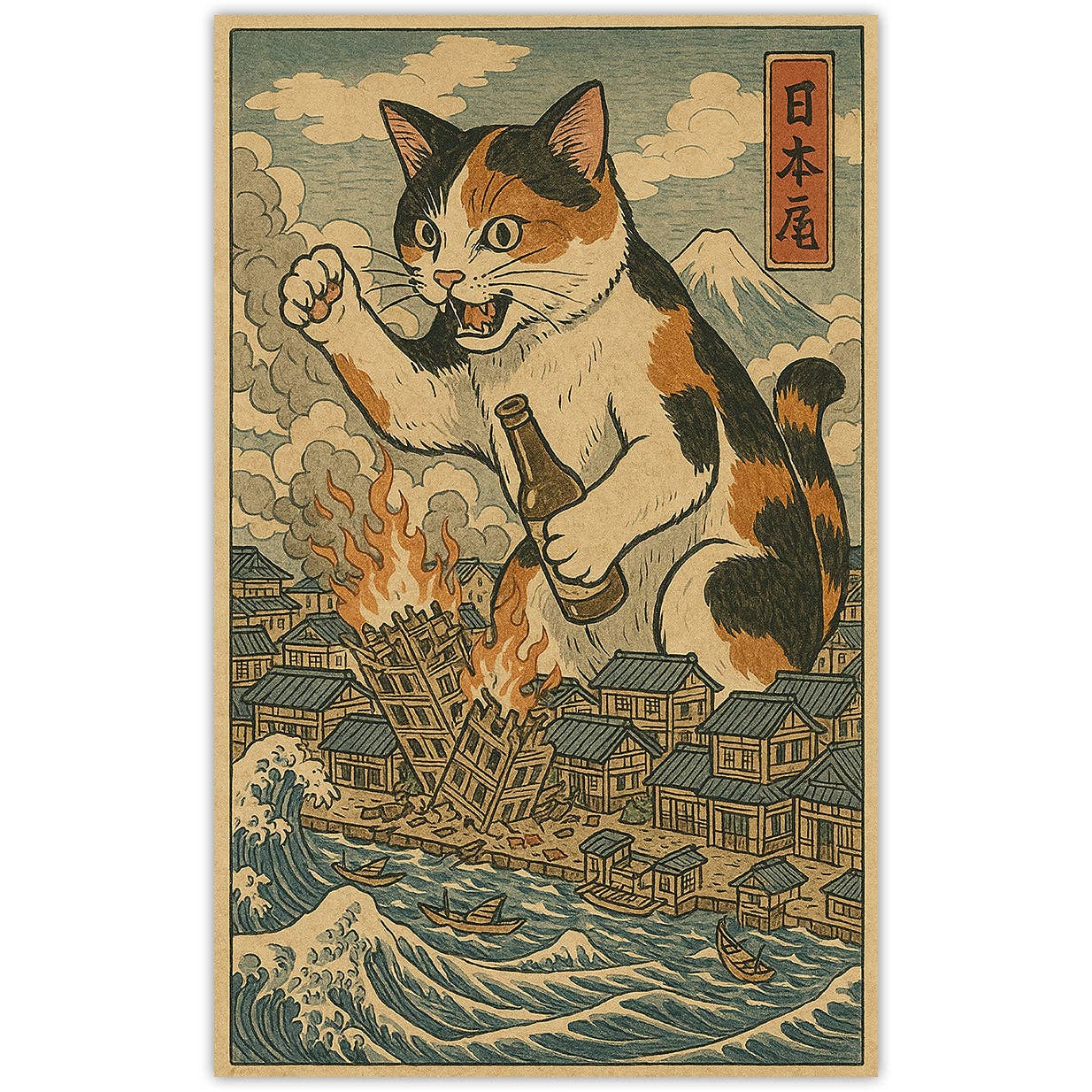 Cat Destroying City Ukiyo-E Sticker: Default