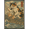 Cat Destroying City Ukiyo-E Original Poster Print: Board & Bagged