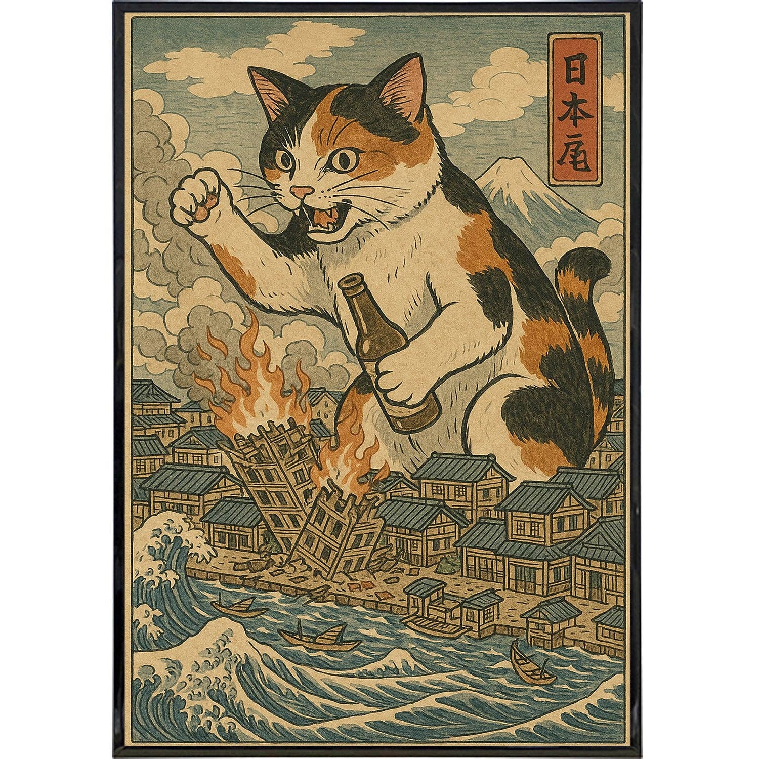 Cat Destroying City Ukiyo-E Original Poster Print: Board & Bagged