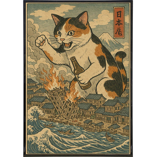 Cat Destroying City Ukiyo-E Original Poster Print: Board & Bagged