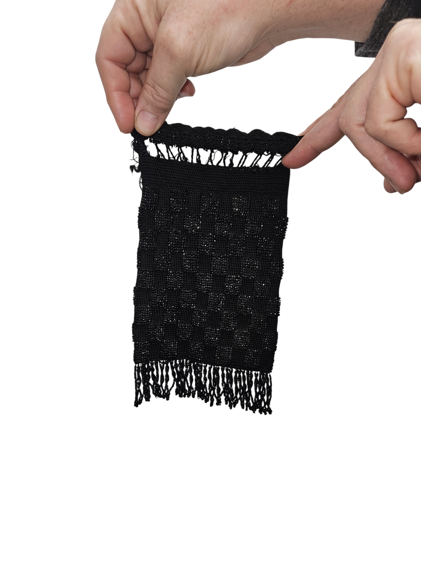Antique Black Beaded Reticule Late 19th/Early 20th Cent Frayed Ribbon