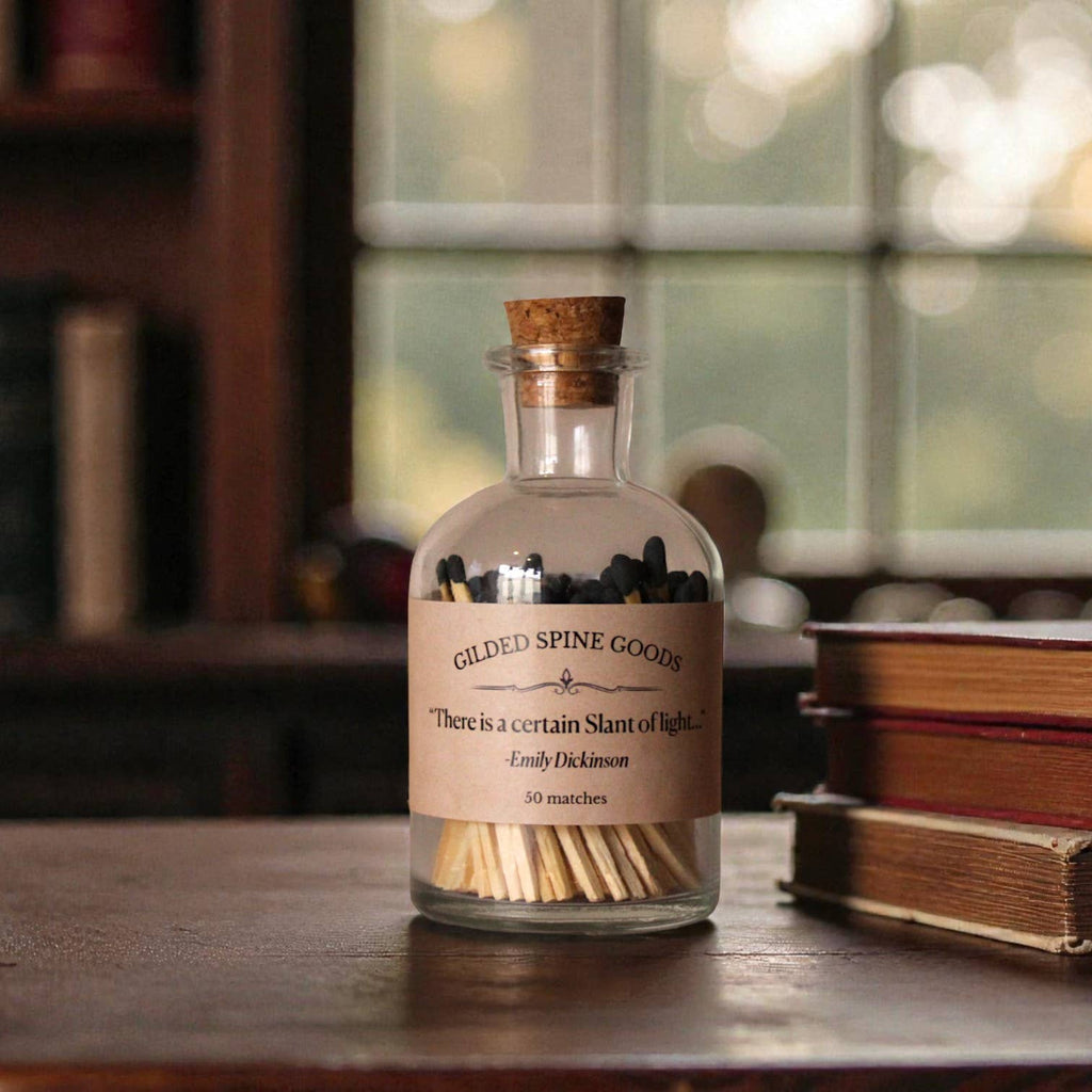 Literary Apothecary Match Bottle with Quote Label: "Fire that's kept closest burns most of all." - William Shakespeare