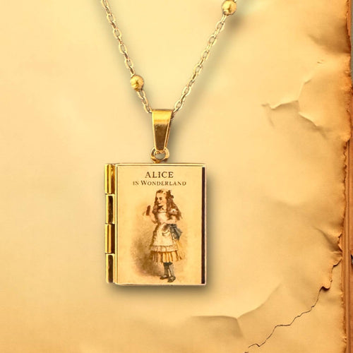Alice in Wonderland Book Necklace - Gift for Readers: Gold Plated Stainless Steel