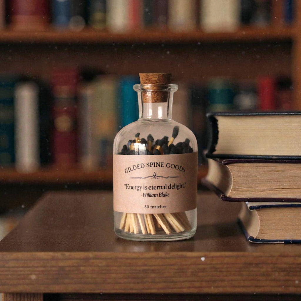 Literary Apothecary Match Bottle with Quote Label: "Fire that's kept closest burns most of all." - William Shakespeare