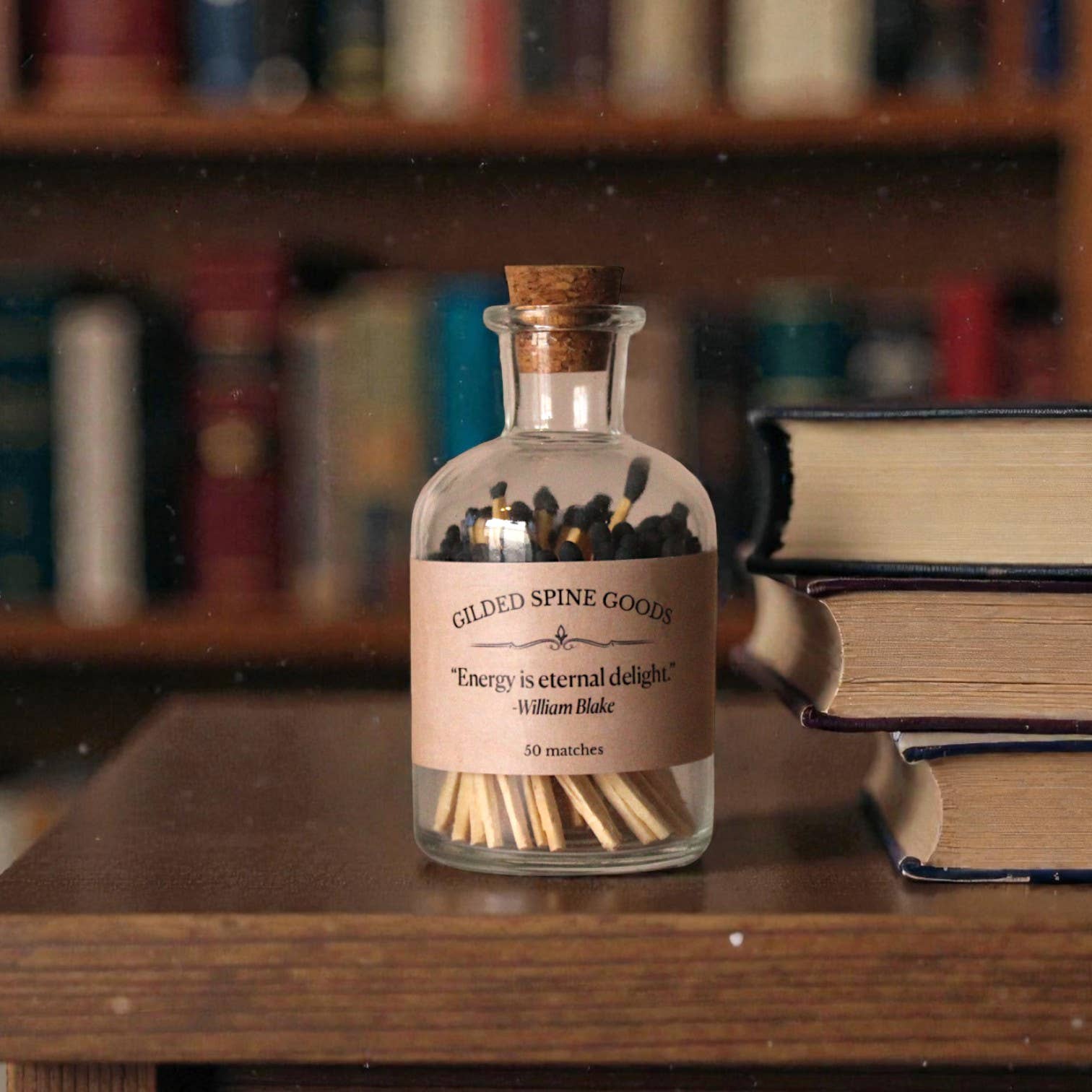 Literary Apothecary Match Bottle with Quote Label: "Fire that's kept closest burns most of all." - William Shakespeare