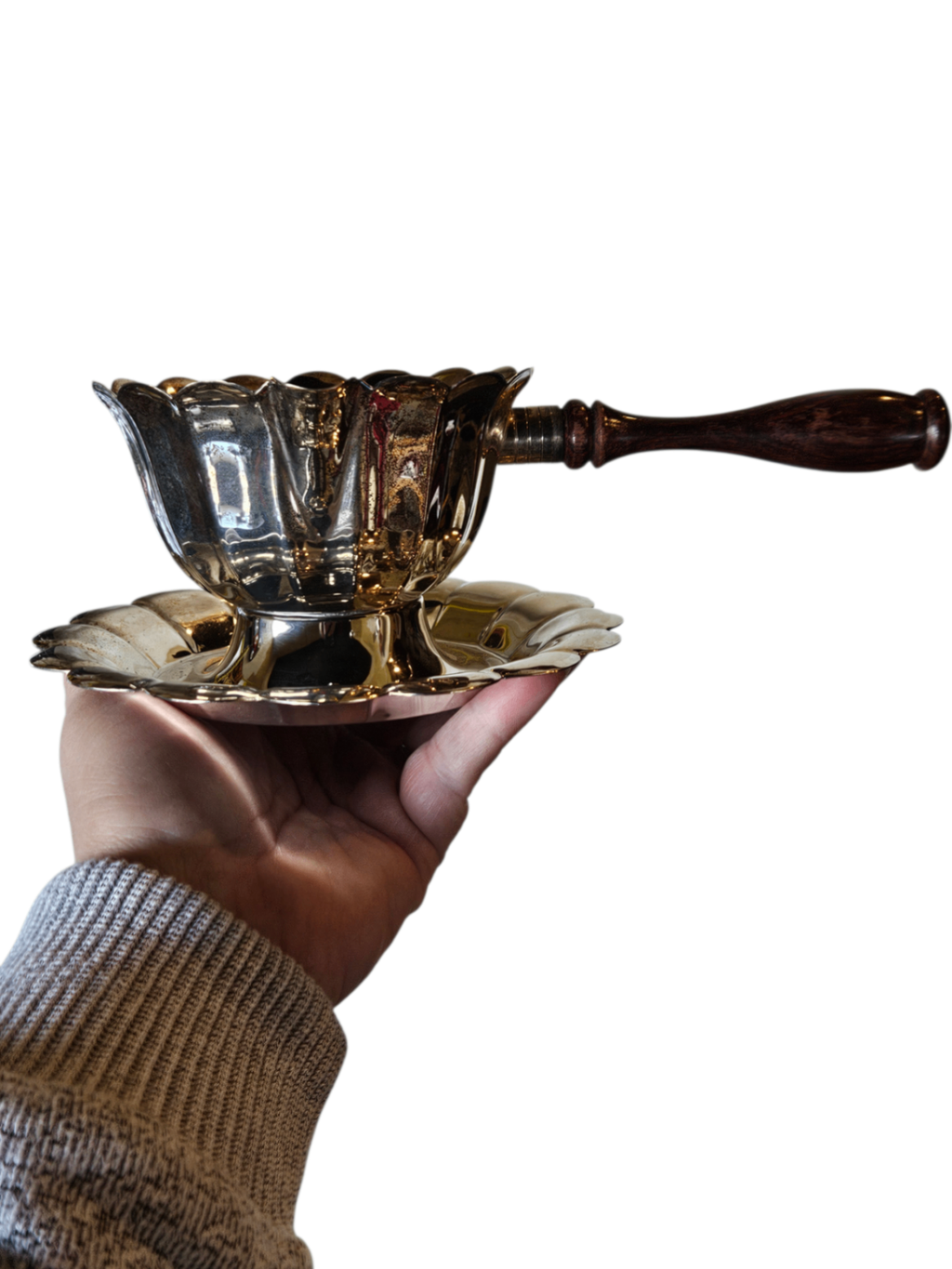 Vintage Italian Stamped Silver De Uberti Sauce Server with Cherry Wood Handle 1960s
