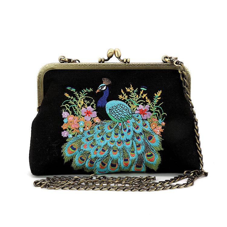 PEACOCK KISSLOCK BAG IN LINEN COTTON BLEND