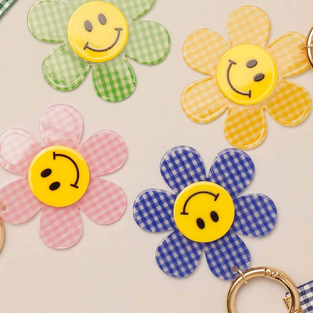 Happy Face Gingham Flower Bow Keychain Bag Charm: GRN / ONE SIZE