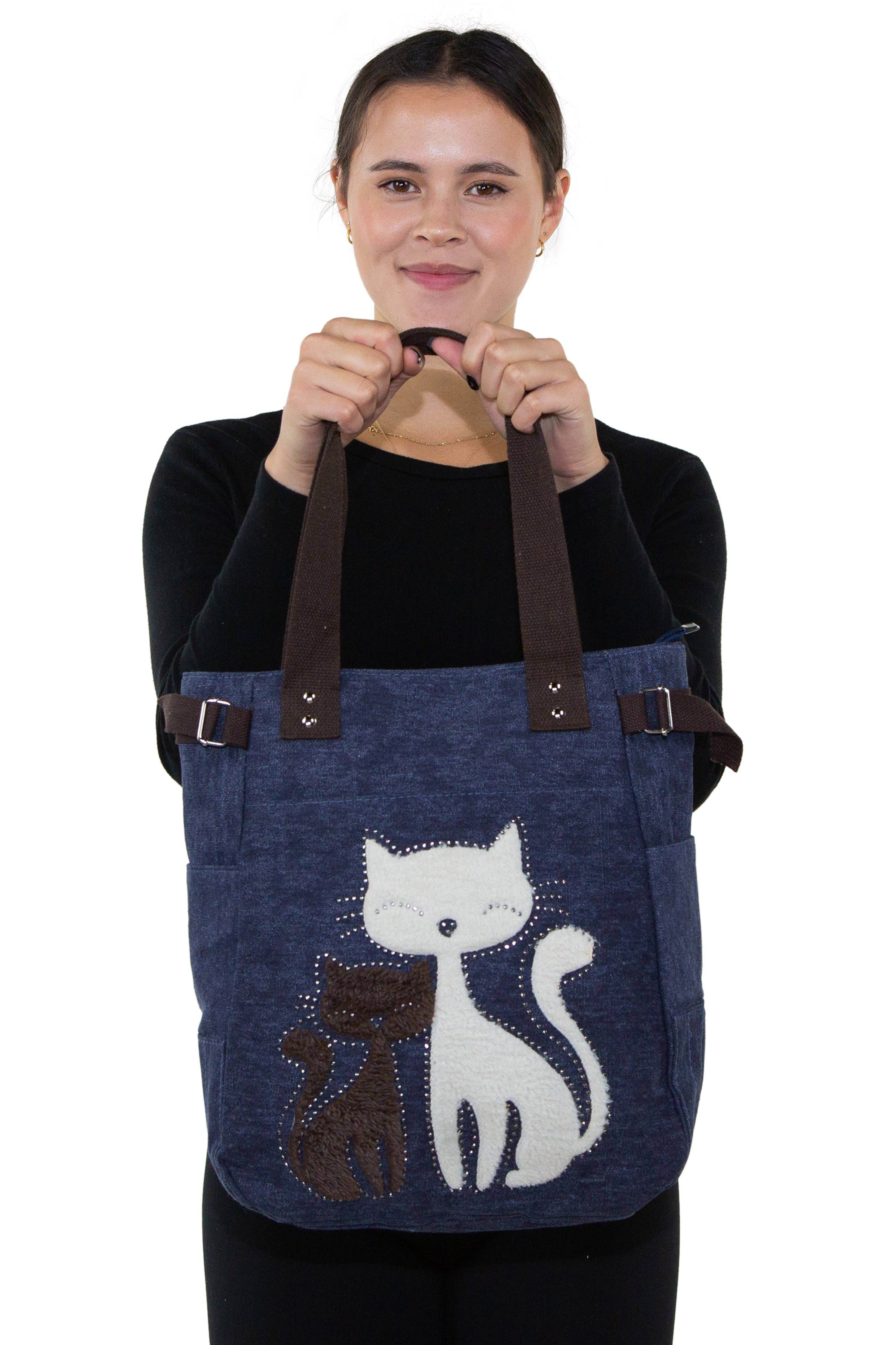 Lovely Cats With Faux Fur And Studs Canvas Tote Bag: Blue