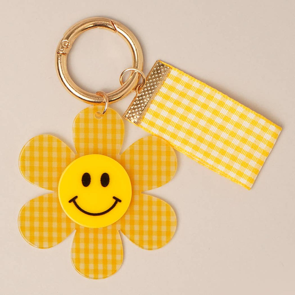Happy Face Gingham Flower Bow Keychain Bag Charm: GRN / ONE SIZE