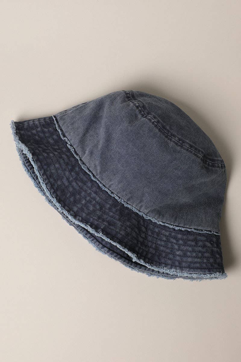 Frayed Canvas Cotton Denim Bucket Hat: BURGUNDY / One Size