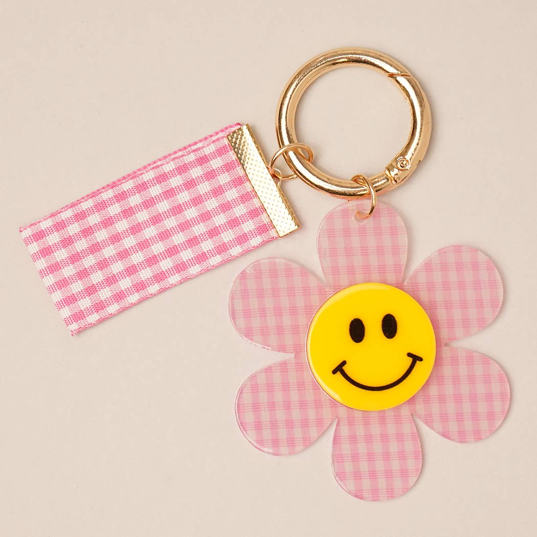 Happy Face Gingham Flower Bow Keychain Bag Charm: BLU / ONE SIZE