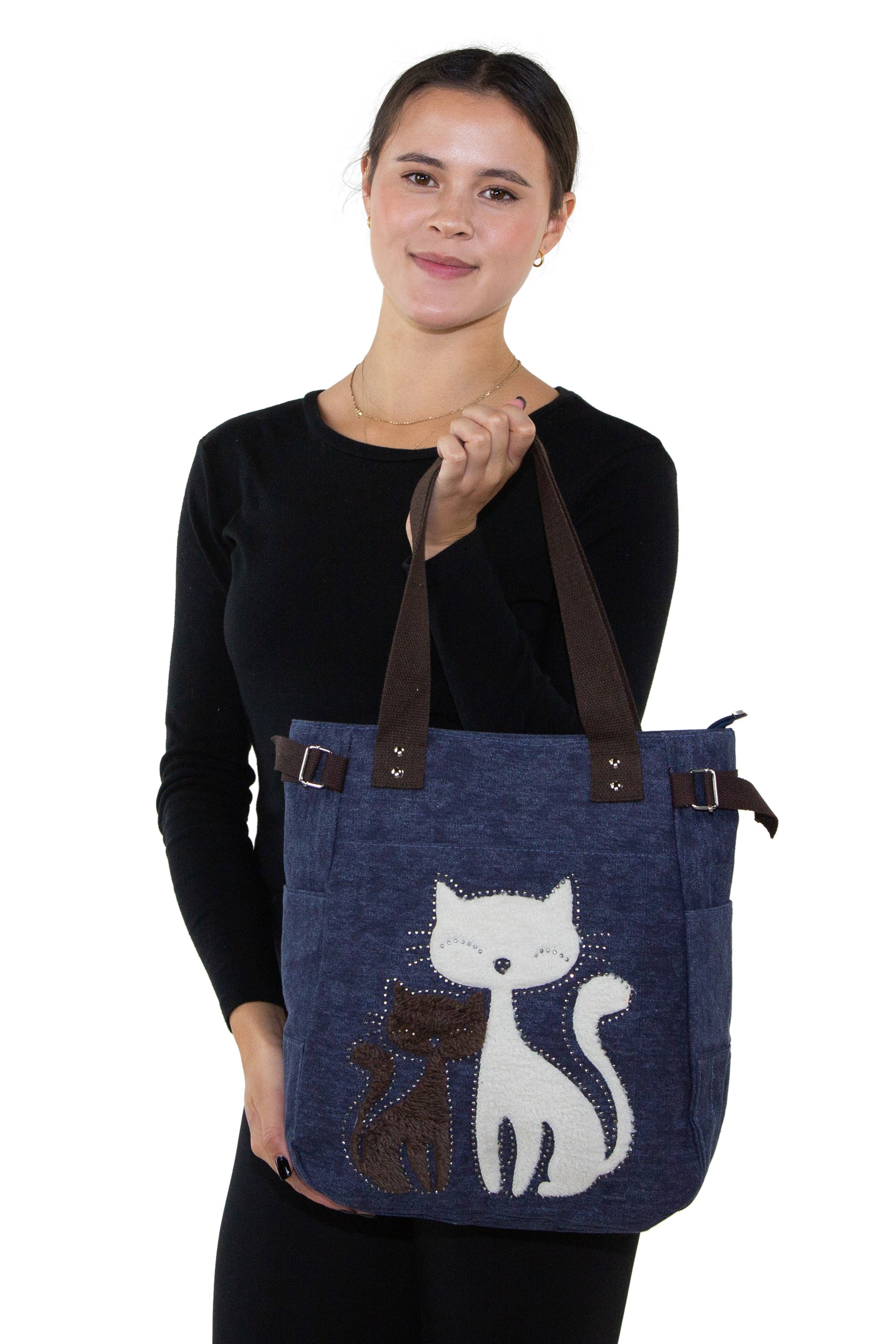 Lovely Cats With Faux Fur And Studs Canvas Tote Bag: Beige