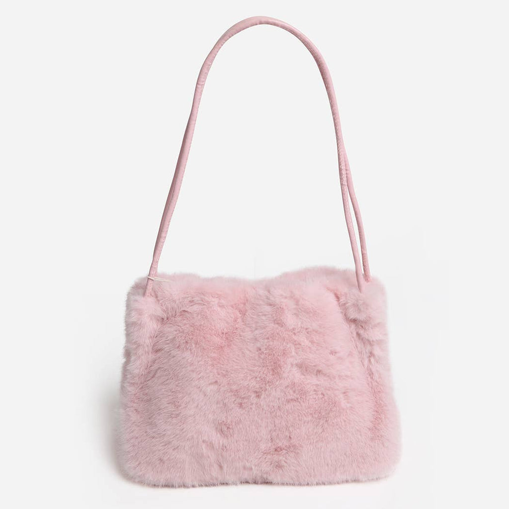 Solid Color Fuzzy Faux Fur Mini Shoulder Bag: PINK / One Size