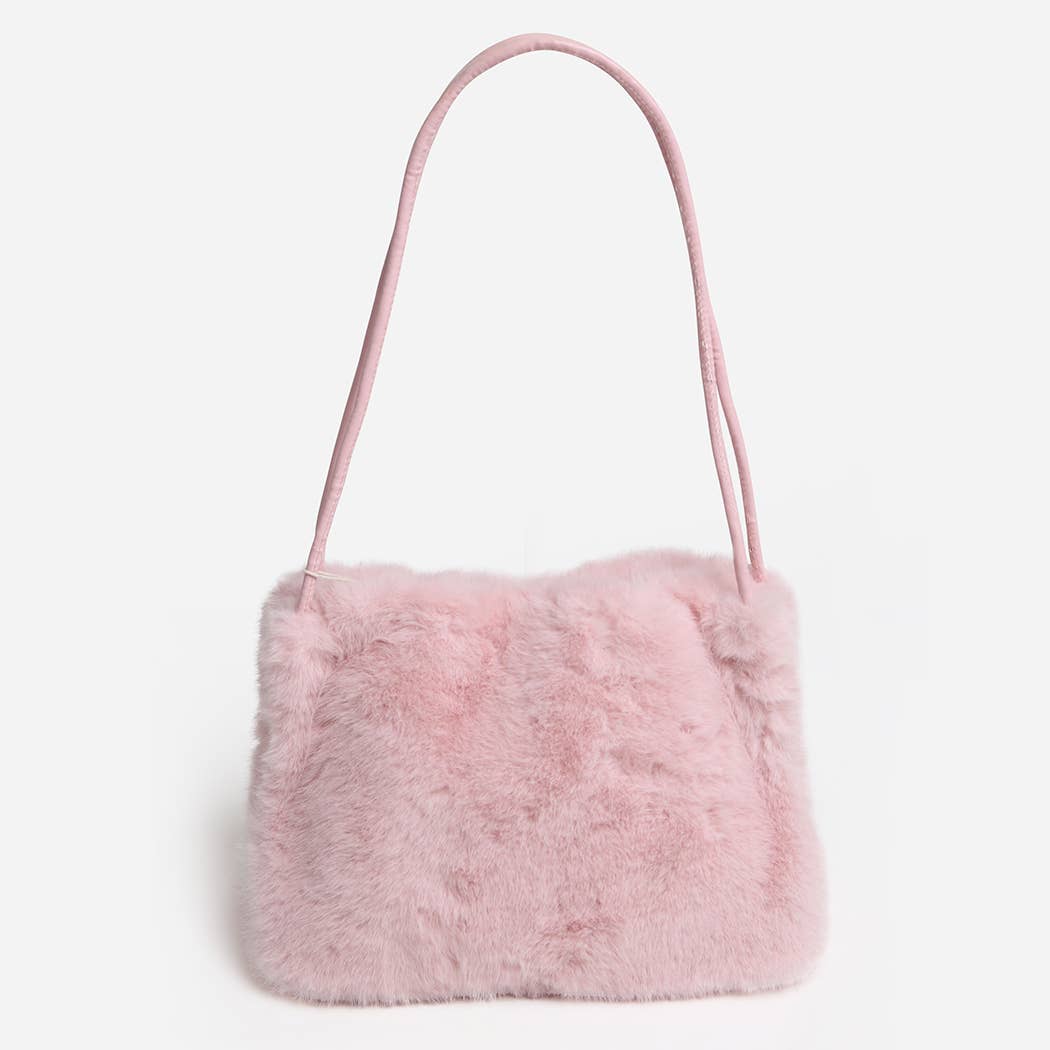 Solid Color Fuzzy Faux Fur Mini Shoulder Bag: PINK / One Size