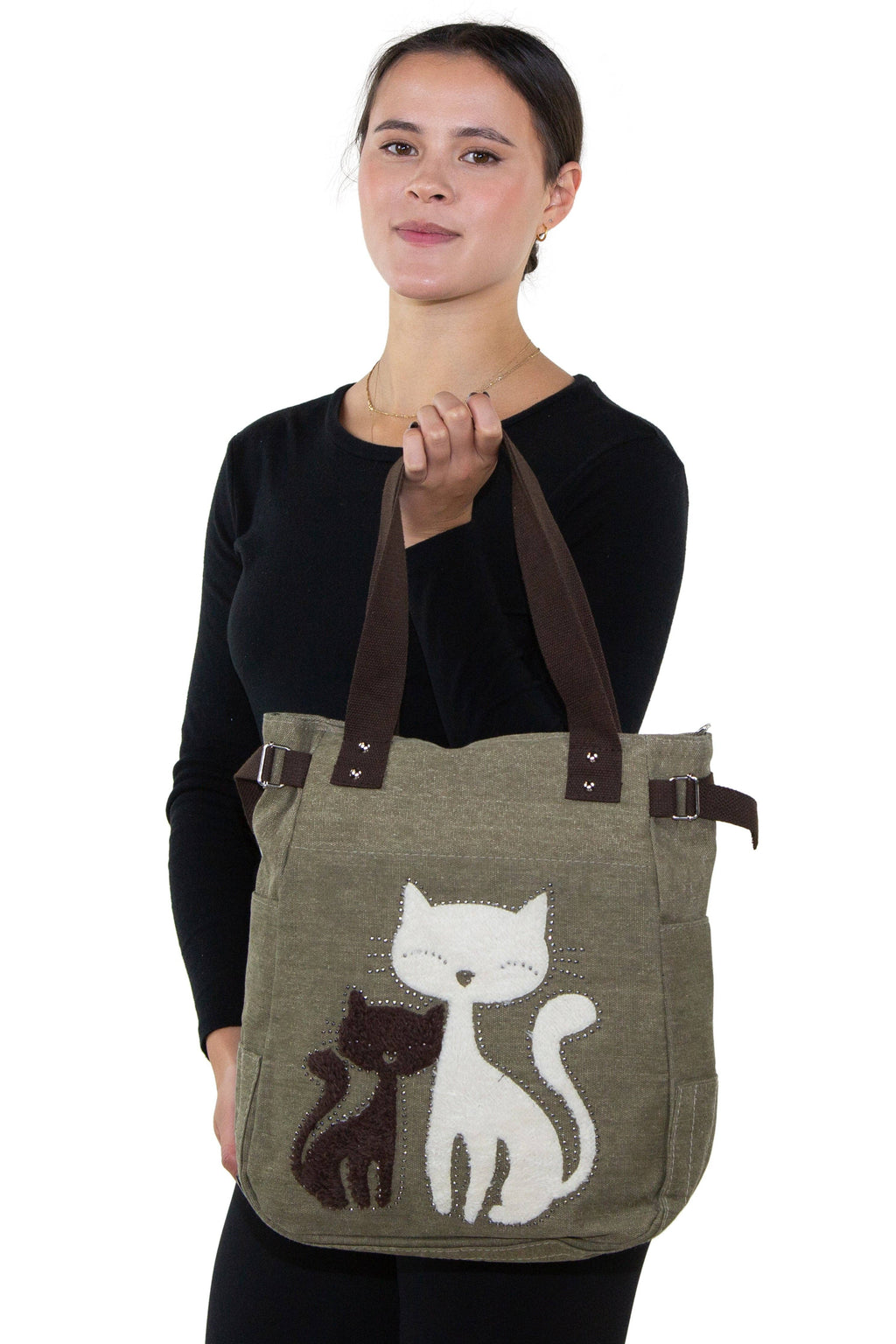 Lovely Cats With Faux Fur And Studs Canvas Tote Bag: Blue