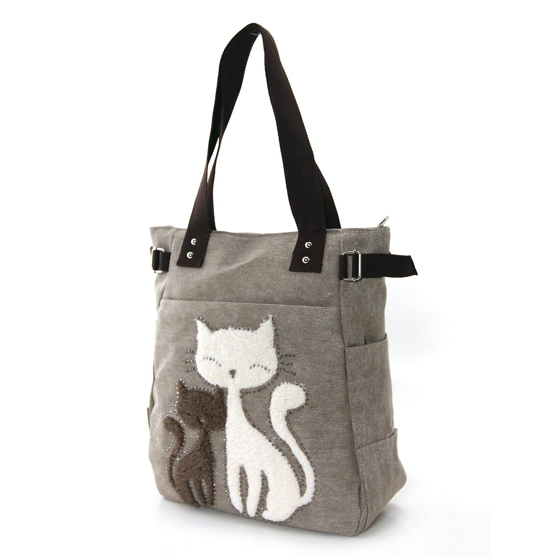 Lovely Cats With Faux Fur And Studs Canvas Tote Bag: Beige