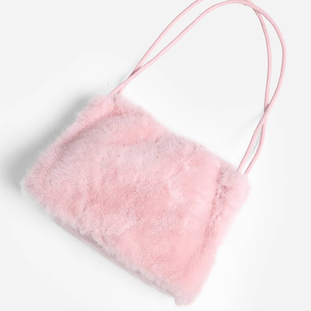 Solid Color Fuzzy Faux Fur Mini Shoulder Bag: PINK / One Size