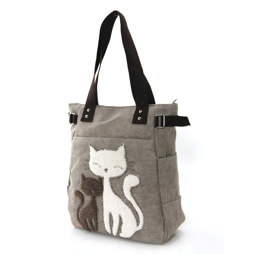 Lovely Cats With Faux Fur And Studs Canvas Tote Bag: Blue