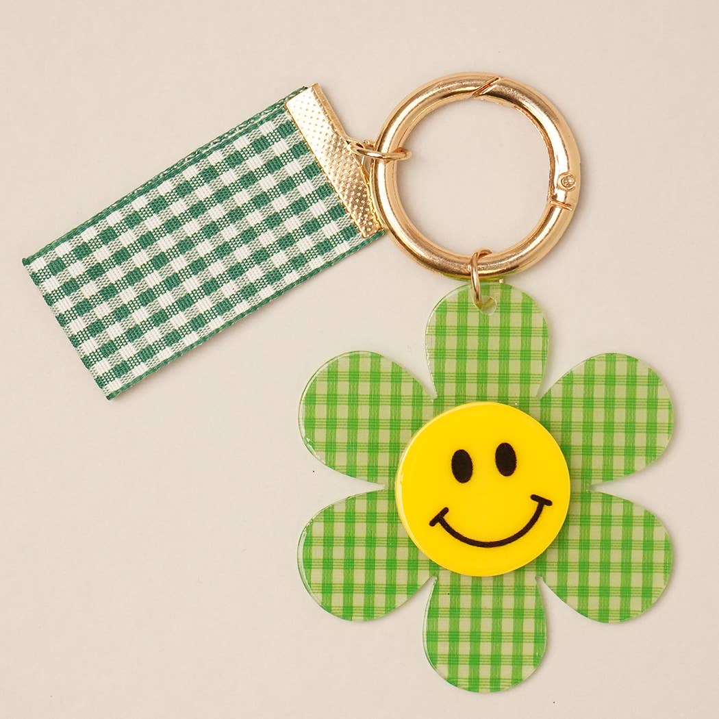 Happy Face Gingham Flower Bow Keychain Bag Charm: BLU / ONE SIZE