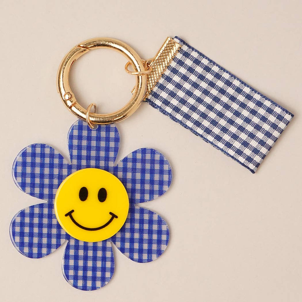 Happy Face Gingham Flower Bow Keychain Bag Charm: YEL / ONE SIZE