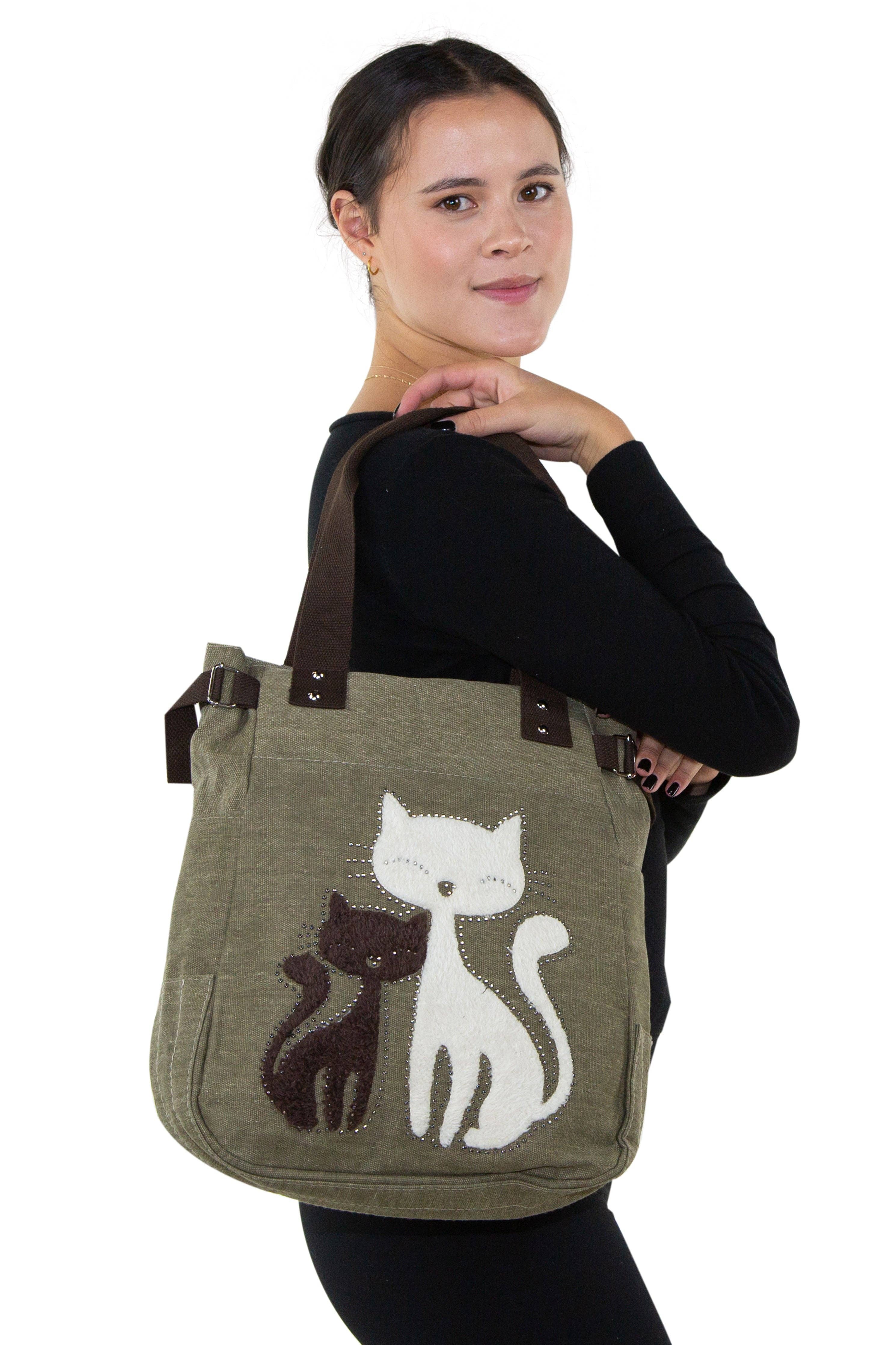 Lovely Cats With Faux Fur And Studs Canvas Tote Bag: Blue