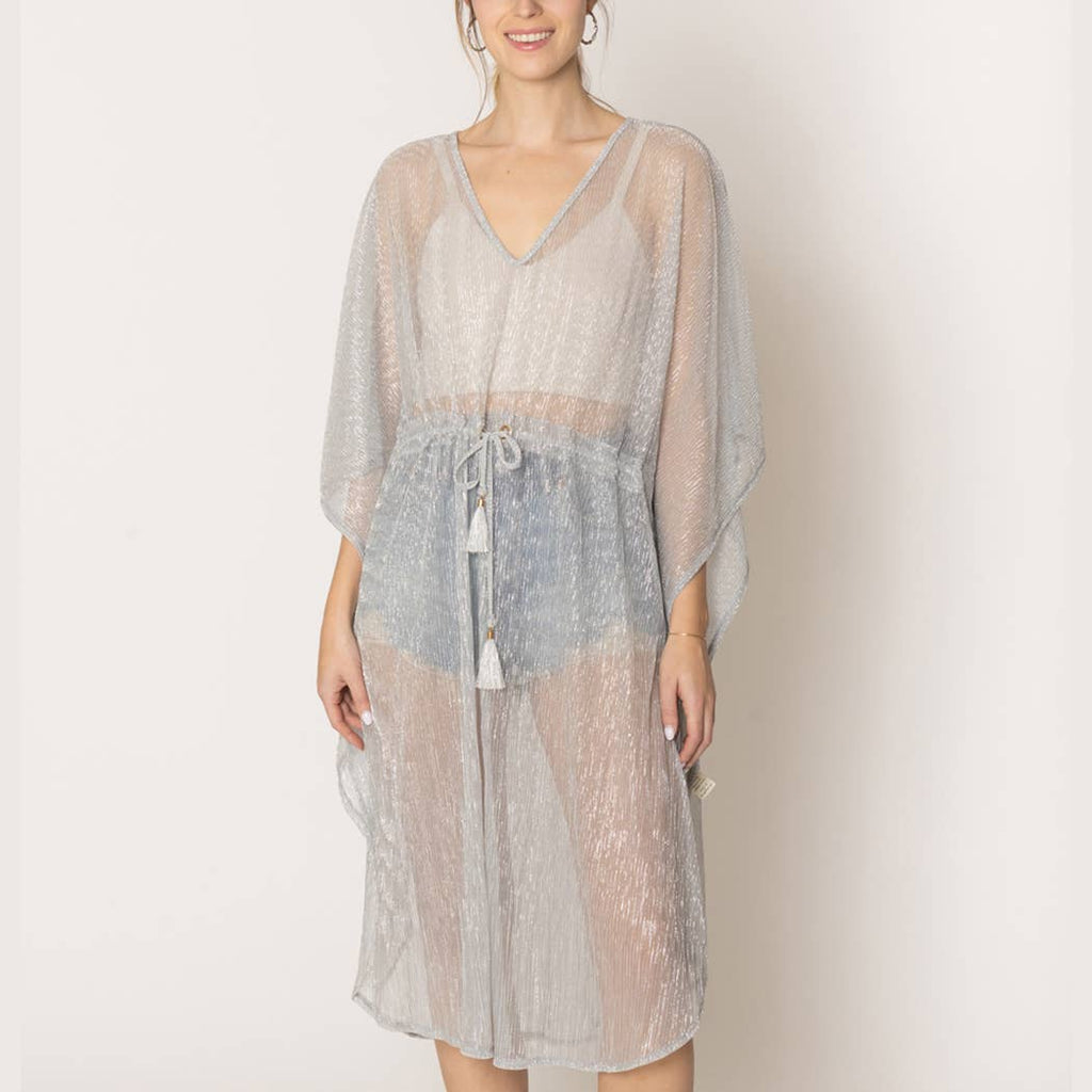 Lurex Sheer String Poncho Beach Cover-Up Dress: WHT / One Size