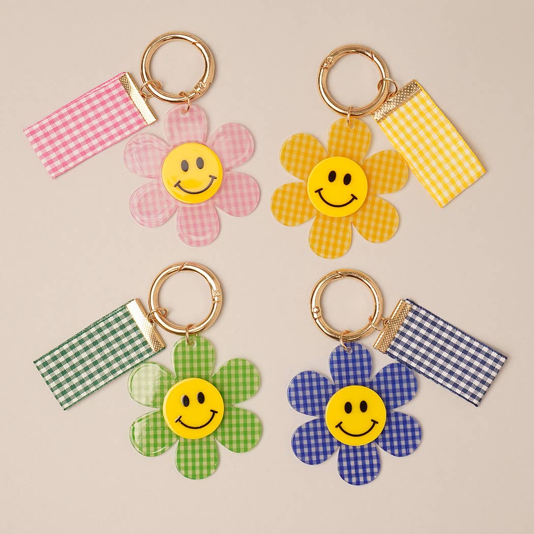 Happy Face Gingham Flower Bow Keychain Bag Charm: YEL / ONE SIZE