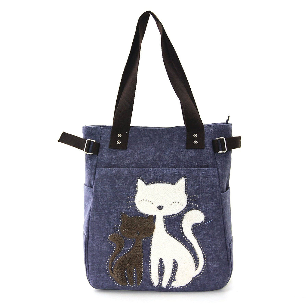 Lovely Cats With Faux Fur And Studs Canvas Tote Bag: Blue