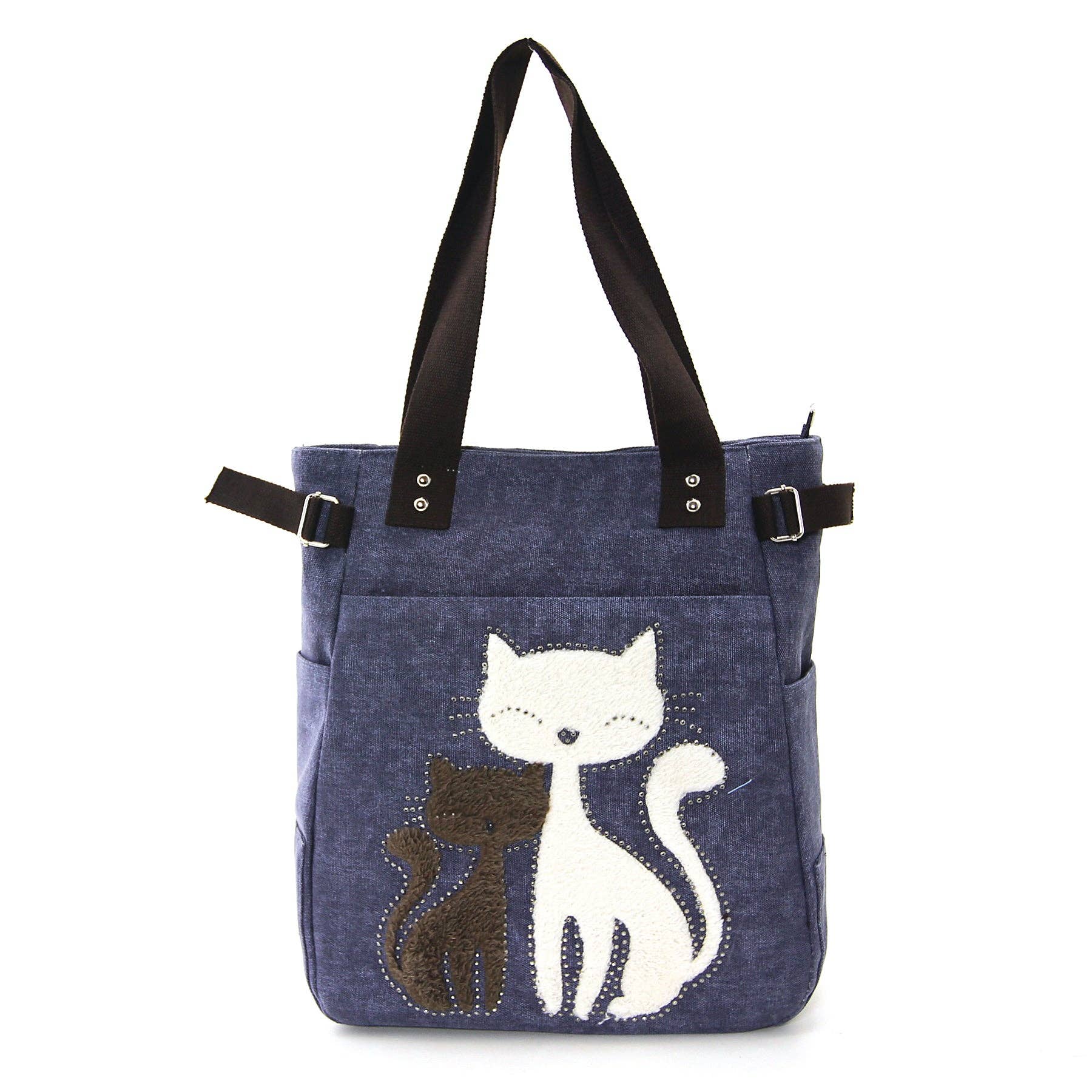 Lovely Cats With Faux Fur And Studs Canvas Tote Bag: Blue