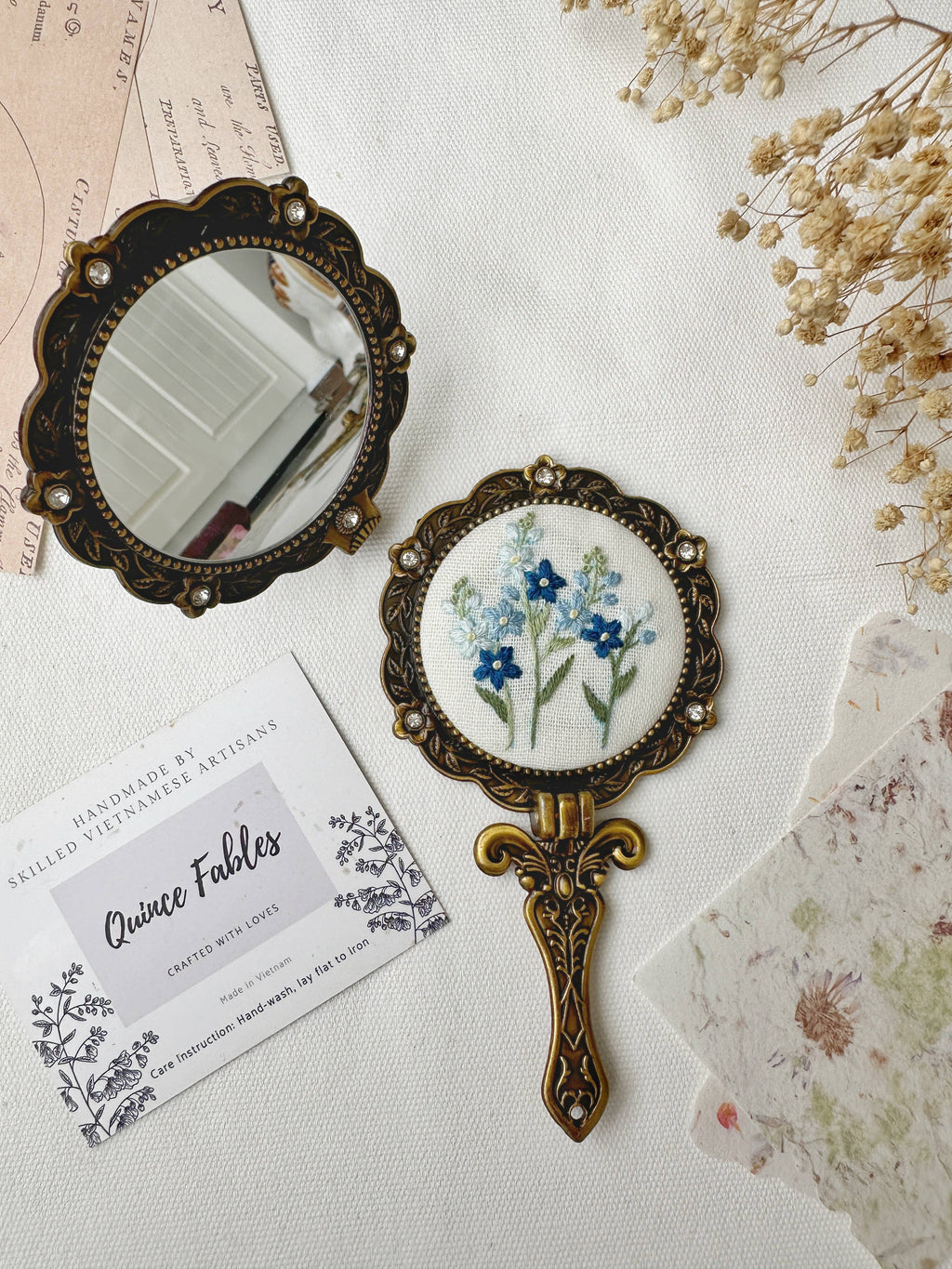 Floral Embroidered Round Folding Mirror, Collection Aura✅: 3. Cream