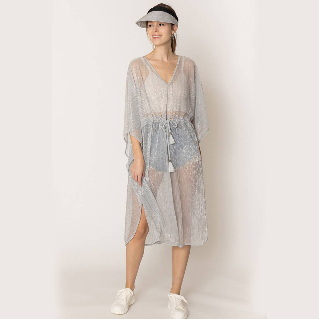 Lurex Sheer String Poncho Beach Cover-Up Dress: WHT / One Size