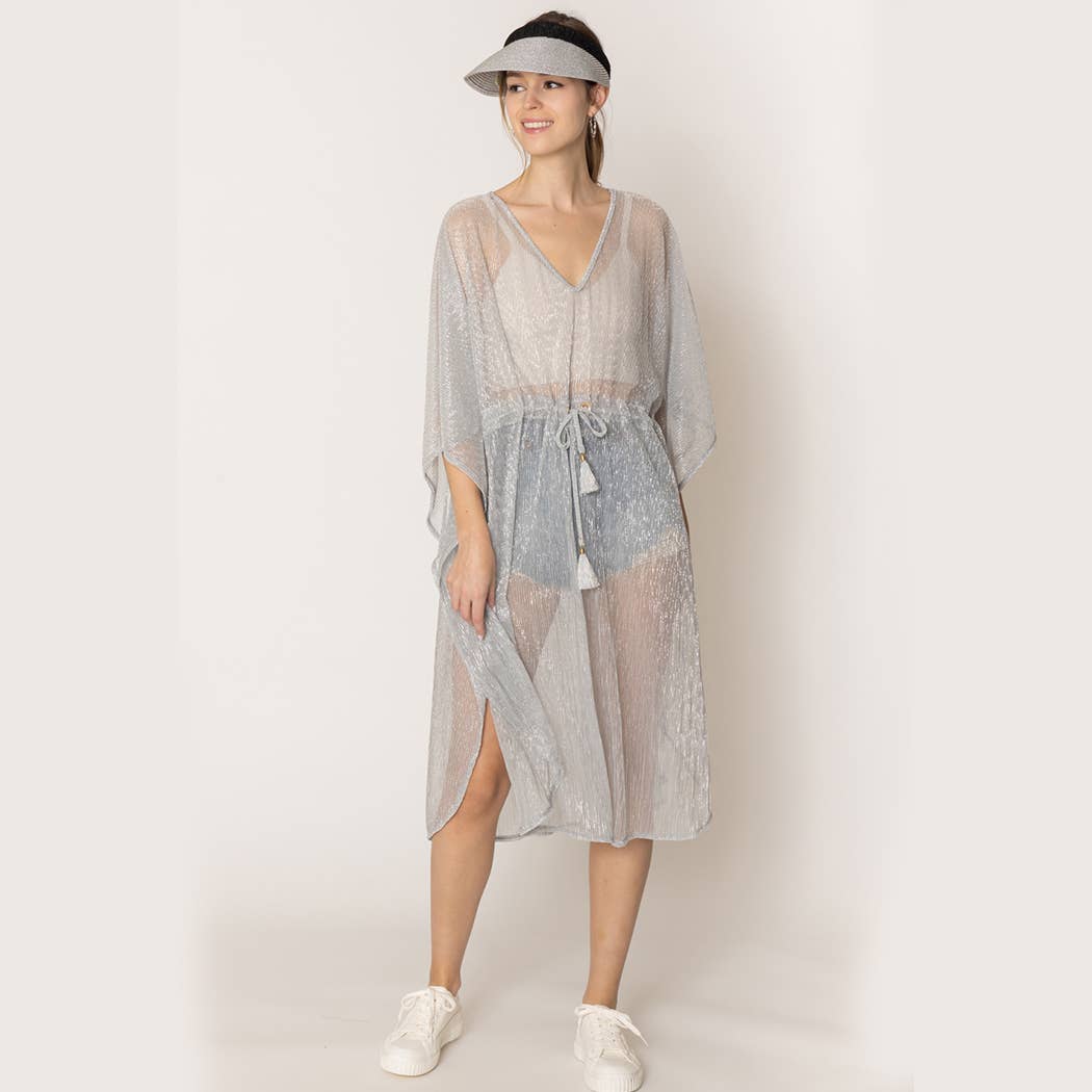 Lurex Sheer String Poncho Beach Cover-Up Dress: WHT / One Size