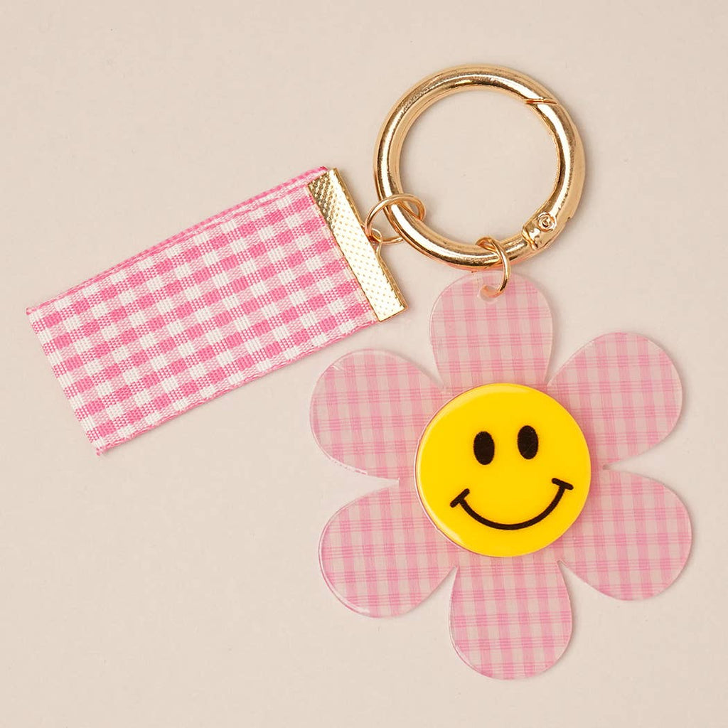 Happy Face Gingham Flower Bow Keychain Bag Charm: GRN / ONE SIZE