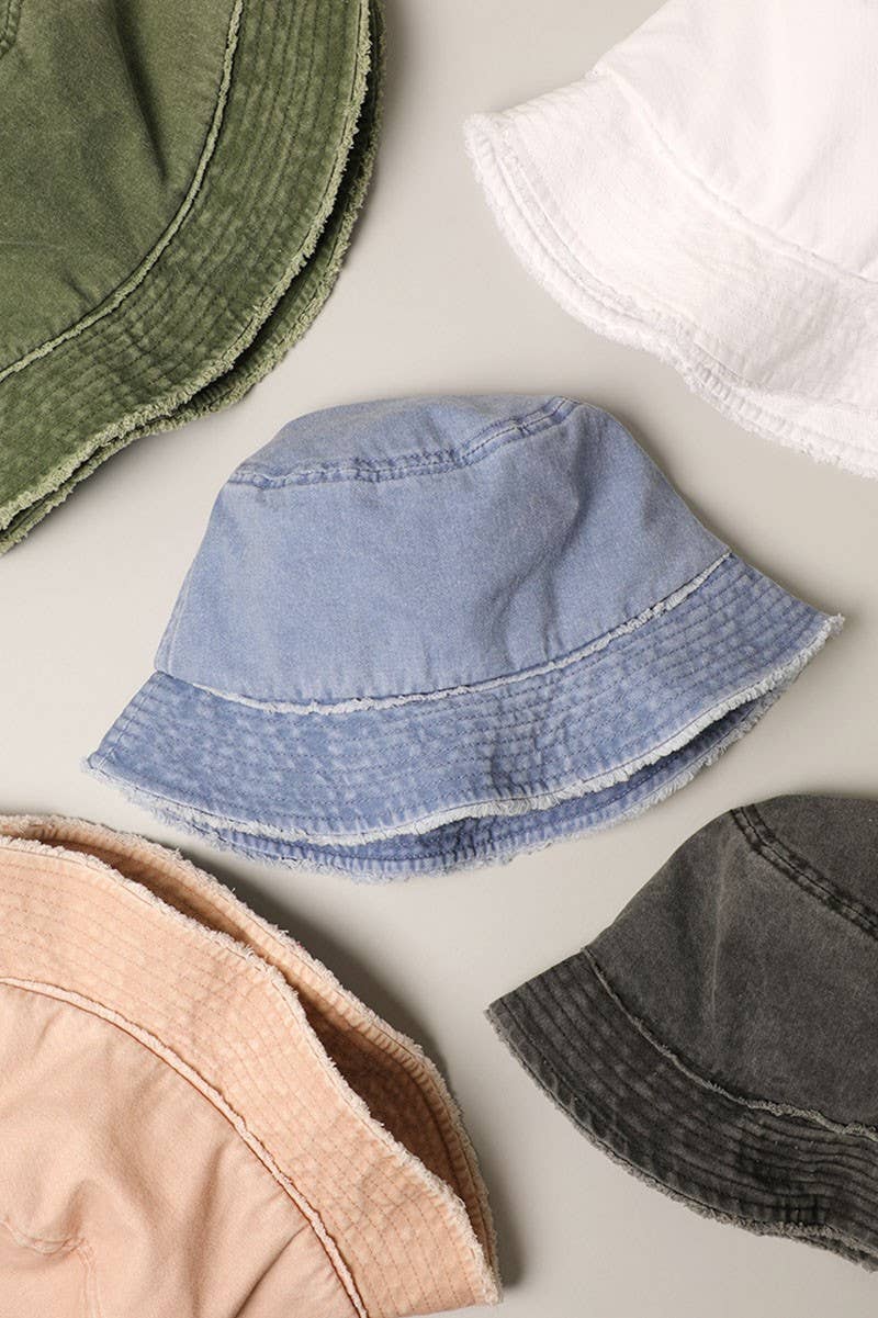 Frayed Canvas Cotton Denim Bucket Hat: DENIMBLUE / One Size