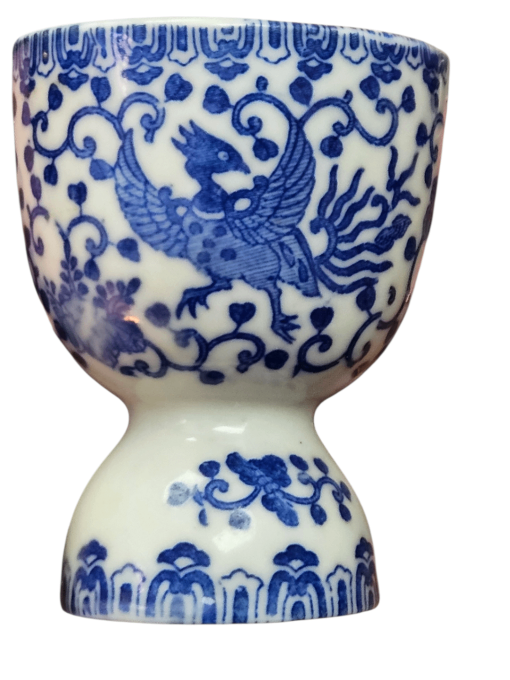 Highly Collectible Vintage Japanese Blue and White Ceramic Double Egg Cup featuring a Phoenix Bird (Flying Turkey) design. Hand-made in Mid-Century Japan