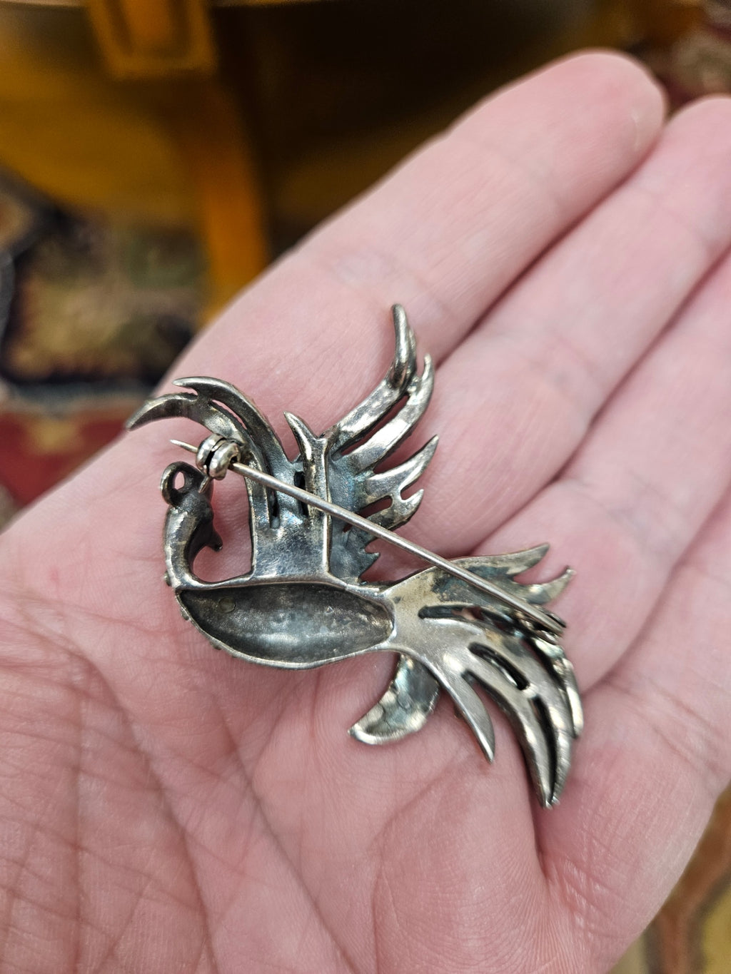 Vintage Art Deco "Bird of Paradise" Brooch: Hallmarked .925 Sterling Silver Accents: Hand-set Marcasite & Gold Vermeil