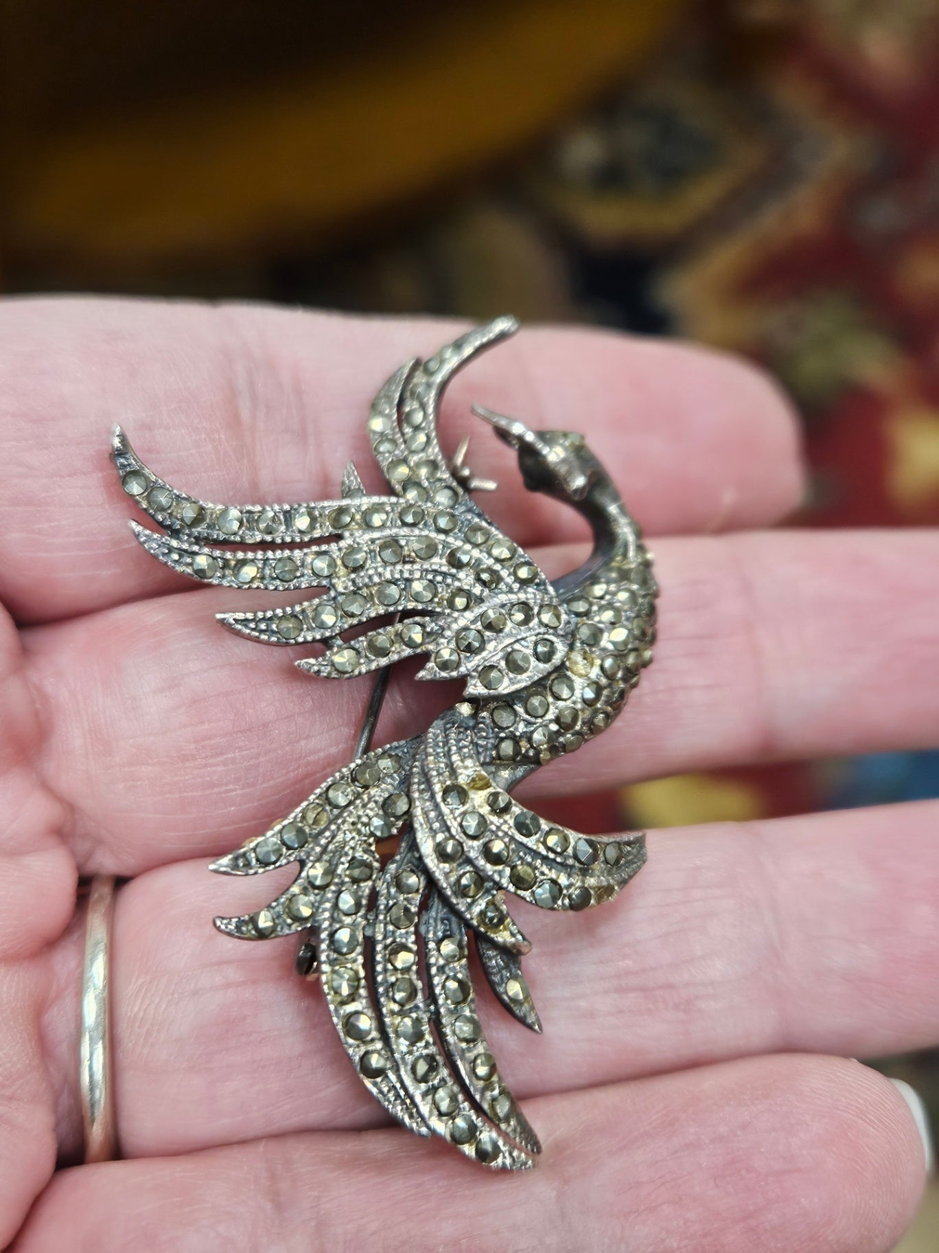 Vintage Art Deco "Bird of Paradise" Brooch: Hallmarked .925 Sterling Silver Accents: Hand-set Marcasite & Gold Vermeil