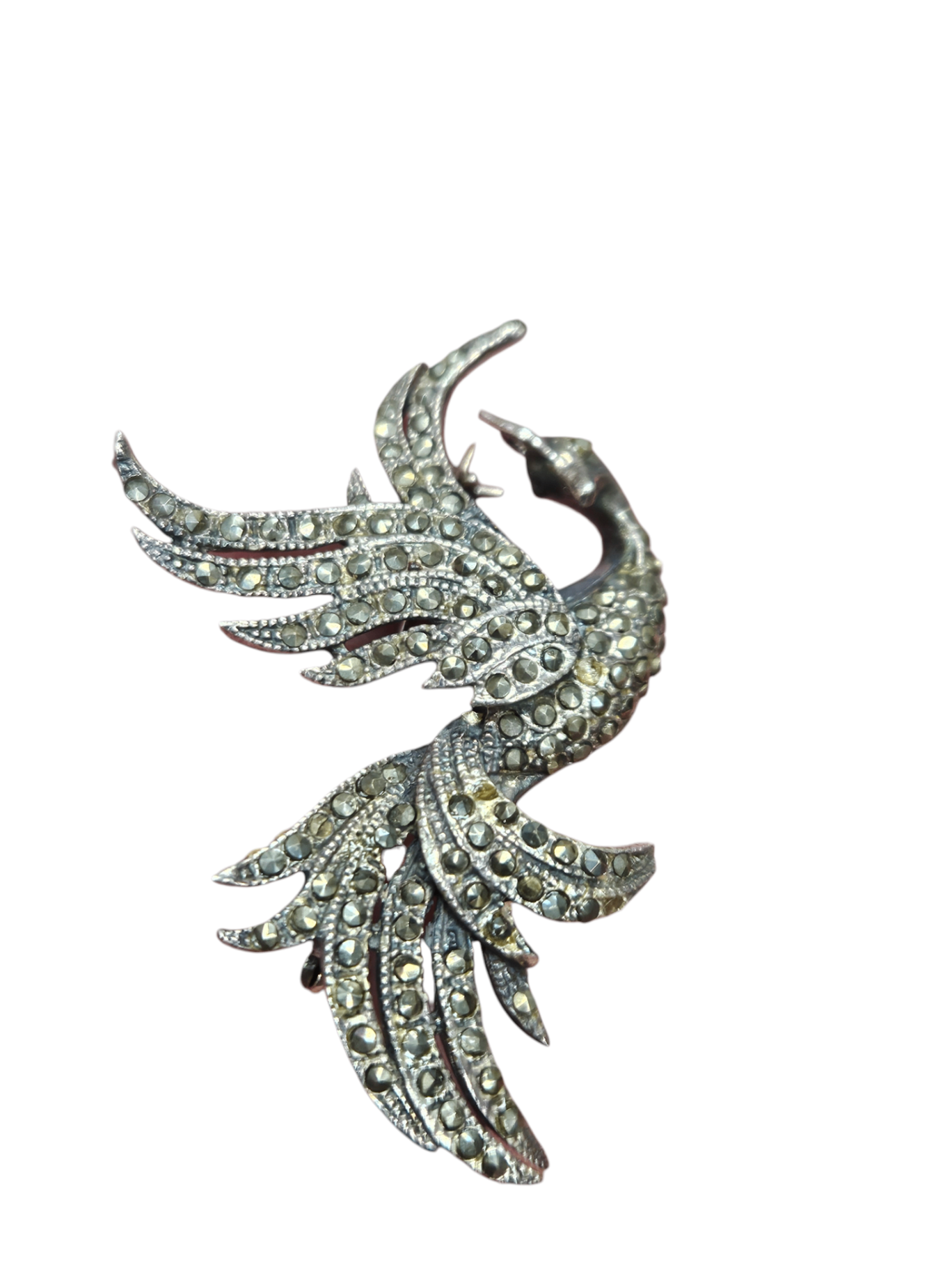 Vintage Art Deco "Bird of Paradise" Brooch: Hallmarked .925 Sterling Silver Accents: Hand-set Marcasite & Gold Vermeil