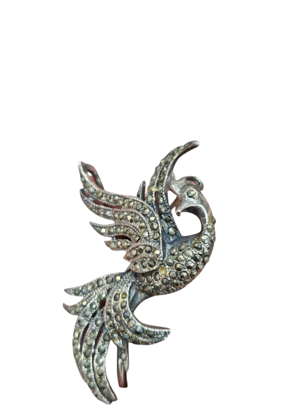 Vintage Art Deco "Bird of Paradise" Brooch: Hallmarked .925 Sterling Silver Accents: Hand-set Marcasite & Gold Vermeil