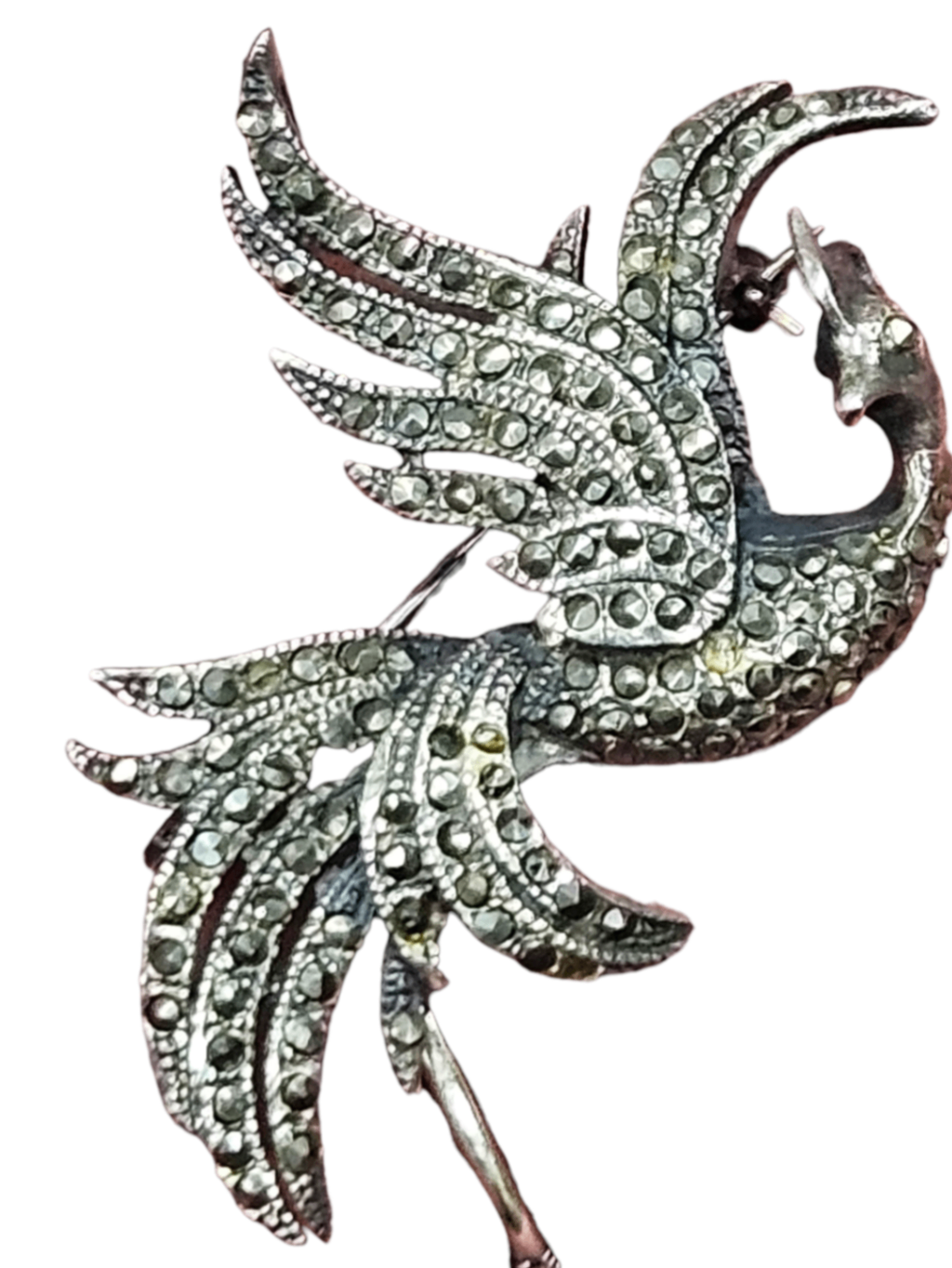 Vintage Art Deco "Bird of Paradise" Brooch: Hallmarked .925 Sterling Silver Accents: Hand-set Marcasite & Gold Vermeil
