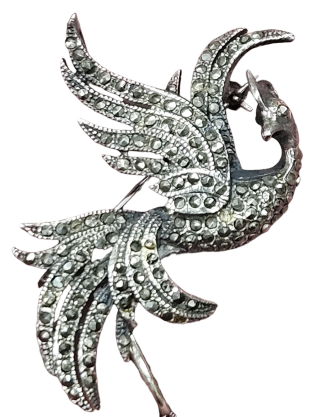 Vintage Art Deco "Bird of Paradise" Brooch: Hallmarked .925 Sterling Silver Accents: Hand-set Marcasite & Gold Vermeil