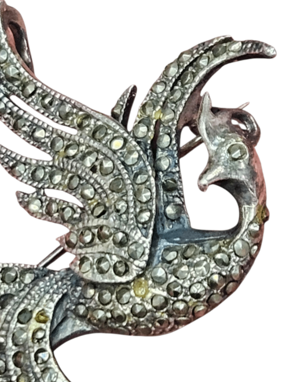 Vintage Art Deco "Bird of Paradise" Brooch: Hallmarked .925 Sterling Silver Accents: Hand-set Marcasite & Gold Vermeil